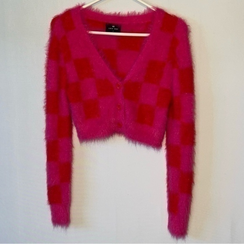 Lazy Oaf Red Pink Checkerboard Button Up Cropped Soft Fluffy Sweater - Size XS.
